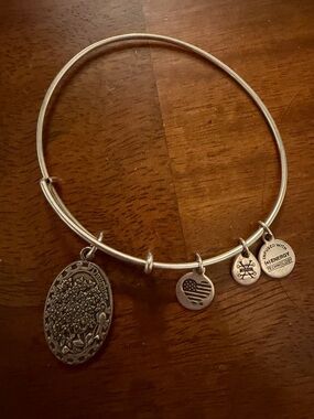 Alex and Ani Silver-Tone Charm Bangle with Floral Daughter Charm